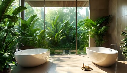 Serene spa-inspired bathroom oasis with modern freestanding bathtub and vibrant greenery in a sun-drenched setting