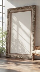 Wall Mural - Mockup of a weathered ornate wooden frame with floral detailing in a cozy natural lit farmhouse living room interior  Antique armchair and 3D rendering create a peaceful nostalgic atmosphere