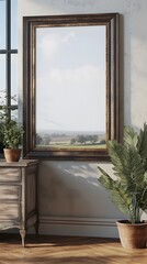 Wall Mural - of a rustic farmhouse living room interior with a weathered bronze and wood frame mockup an antique wooden dresser with a potted plant and a window overlooking the picturesque countryside