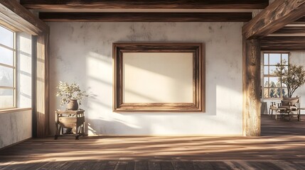 Wall Mural - of an inviting farmhouse great room featuring an exposed beam ceiling reclaimed wood floors and a prominent handcrafted wooden frame displayed on the wall with a cozy