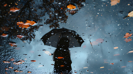 Wall Mural - shadow from an umbrella on water, seen in reflection and refraction, with raindrops creating ripples around it. The person holding the black colored umbrella is also visible.
