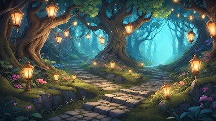 Wall Mural - Enchanted Pathway with Lights Cartoon Background Design