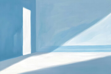 Poster - A serene blue interior with an open door casting soft shadows, inviting light and tranquility into the space.