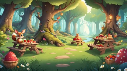 Canvas Print - Fantastical Woodland Picnic Cartoon Background Design