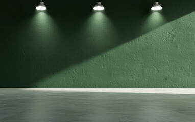 Poster - Minimalist room interior with green textured wall, illuminated by three pendant lights, creating a modern and tranquil ambiance.