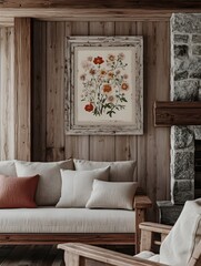 Wall Mural - Rustic and Cozy Farmhouse Inspired Living Room Interior Featuring Natural Wood Accents Linen Upholstery Stone Fireplace and Vintage Floral Artwork in a Weathered Frame