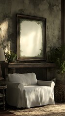 Wall Mural - Rustic Chic Farmhouse Interior with Linen Slipcovered Furniture and Woven Textiles Aged Bronze Frame Prominently Displayed on the Mantelpiece Dramatic Side Lighting Acrylic Painting High Contrast