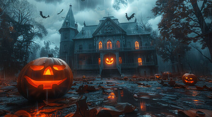 Wall Mural - Halloween atmosphere, pumpkin, bat, a haunted house on a stormy night, spooky trees, full moon.