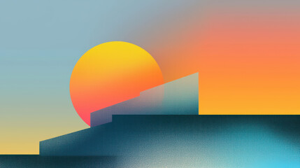 Poster - Grainy background. A vibrant sunset with colorful gradient sky, featuring geometric shapes. Perfect for backgrounds, art, and design inspiration.