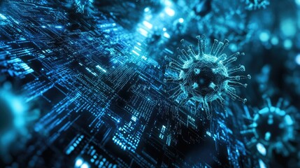 Poster - A digital landscape where malware viruses are neutralized, symbolizing effective cybersecurity protection.