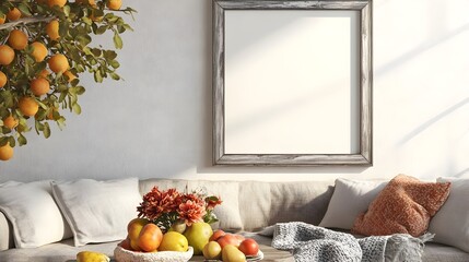 Wall Mural - Rustic Farmhouse Living Room Mockup with Distressed Wooden Frame and Floral Still Life  Cozy sofa with throw blanket natural lighting