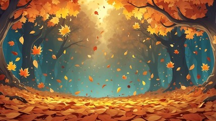 Canvas Print - Magical Autumn Leaves Falling Cartoon Background Design