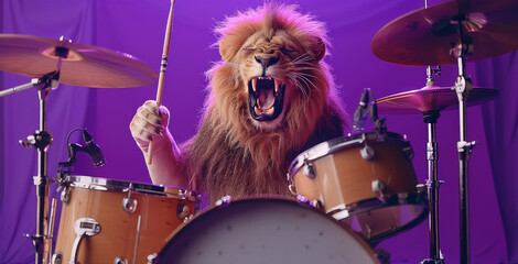 Poster - Funny lion playing the drums in a rock band solid purple background, playful.