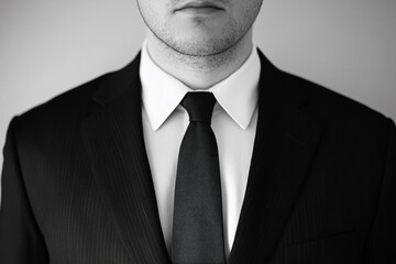 Black and white photo of businessman wearing black suit, white shirt and tie. His face is not visible.