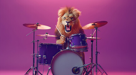 Poster - Funny lion playing the drums in a rock band solid purple background, playful.