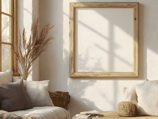 Wall Mural - Rustic Farmhouse Mockup Frame in Bright Living Room Interior with Neutral Tones Textured Finishes and Countryside Charm  3D Rendered with Minimalist Earthy Design