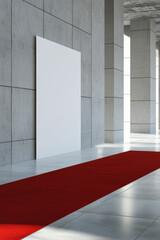 Poster - Modern interior showcasing a sleek, minimalist design with a red carpet leading to a blank canvas, perfect for art or exhibition spaces.
