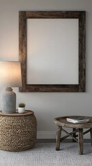 Wall Mural - Rustic wooden frame hanging on a bare wall with a minimalist home decor arrangement featuring a woven basket ceramic vase and stack of books on a wooden side table