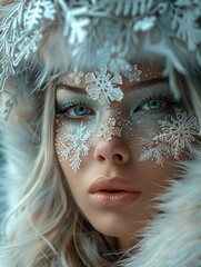 Wall Mural - Portrait of an ice queen, striking olive green makeup with snowflake designs, a luxurious white fur hat, and long silver hair, half of face covered with ice sculpture.