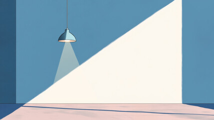 Poster - A minimalist interior scene featuring a pendant light casting a soft shadow on a blank wall, ideal for showcasing simplicity and tranquility.