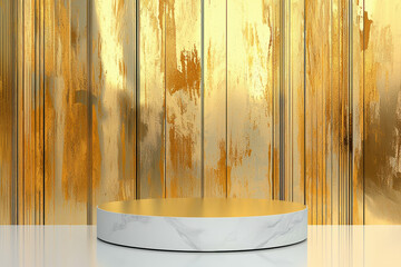 Poster - Minimalist golden backdrop with a circular podium, perfect for showcasing products or artistic displays in a stylish setting.