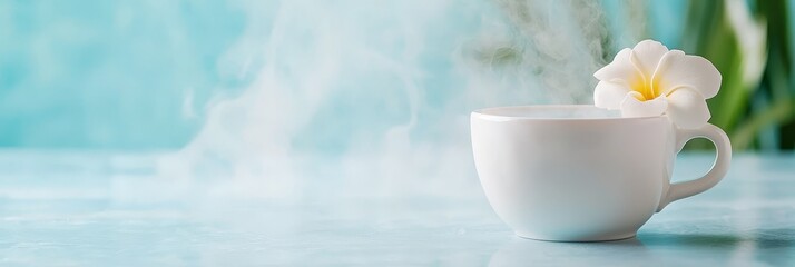  A white coffee cup, its side adorned with a single white blossom, rests atop a table Nearby, a vibrant green plant adds a pop of color