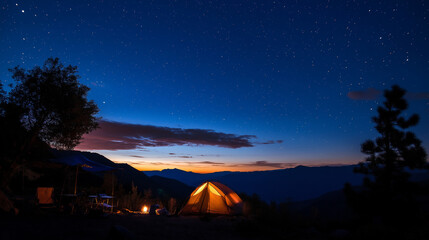 A glowing tent sits under a starry sky at dusk, capturing the peace and magic of a night spent camping.