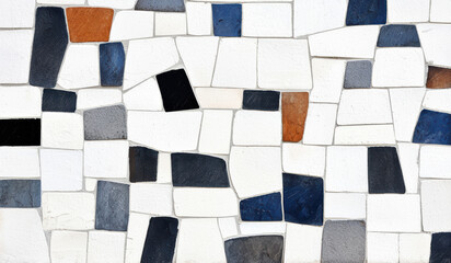 Poster - A vibrant mosaic wall featuring a mix of black, white, and blue tiles, creating an abstract design perfect for artistic and modern themes.