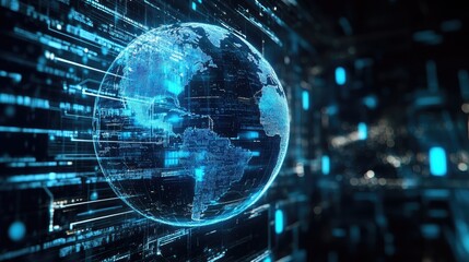Poster - A holographic globe encased in layers of encryption, firewalls, and secure data channels, symbolizing global cybersecurity.