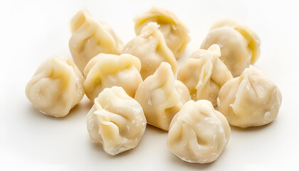 Many raw dumplings (varenyky) with potato on white background, top view