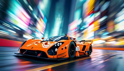 High-speed racing car navigating through a bustling cityscape with motion blur effects