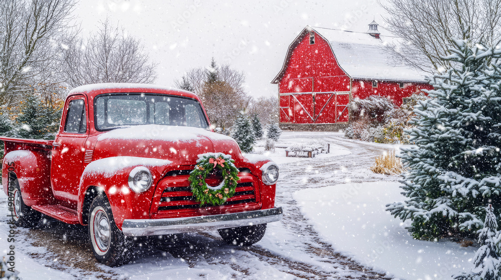 A vintage red truck adorned with a wreath is parked near a snowy barn ...