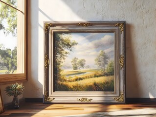 Wall Mural - Weathered and Rustic Wooden Frame with Ornate Antique Gold Accents Displaying a Vintage Landscape Painting in a Cozy Farmhouse Living Room Interior with Natural Sunlight Streaming Through the Window