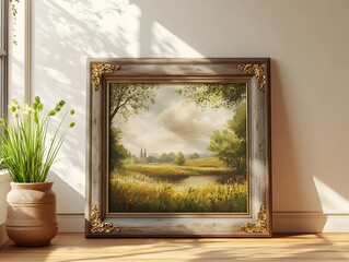 Wall Mural - Weathered and Rustic Wooden Frame with Ornate Antique Gold Accents Showcasing a Vintage Landscape Painting in a Cozy Farmhouse Living Room Bathed in Natural Sunlight Streaming Through the Window