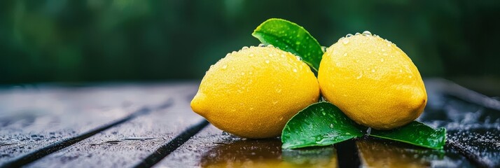 Wall Mural -  Two lemons sit atop a weathered wooden table, their surfaces speckled with water droplets