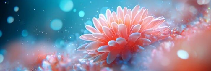 Wall Mural -  A tight shot of a pink blossom against a backdrop of blue and red Foreground features droplets of water