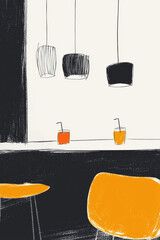 Poster - Stylish minimalist illustration featuring three hanging lamps above a bar with two colorful drinks, showcasing modern design and vibrant colors.