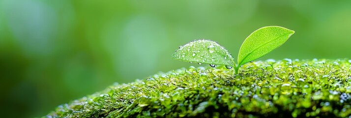 Wall Mural -  A tiny green leaf atop mossy, verdant ground - adorned by water droplets