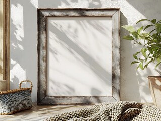 Wall Mural - Weathered Wooden Farmhouse Frame Mockup with Textured Grain and Warm Woven Blanket in Sunlit Living Room Interior Decor