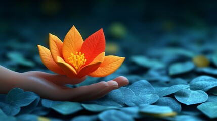 A serene scene featuring a vibrant orange flower in a gentle hand, surrounded by peaceful green leaves on a tranquil water surface.