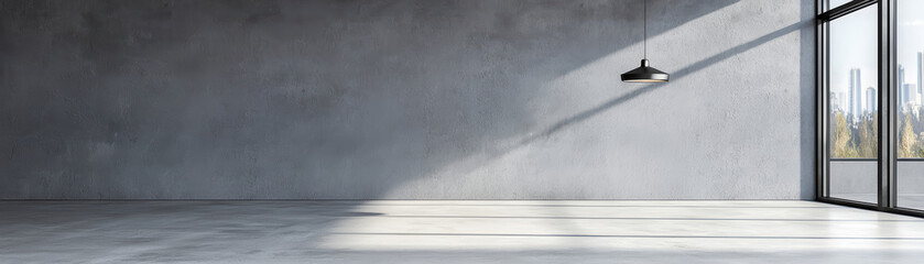 Poster - Modern minimalist interior showcasing a spacious, empty room with natural light streaming through large windows, creating a serene atmosphere.