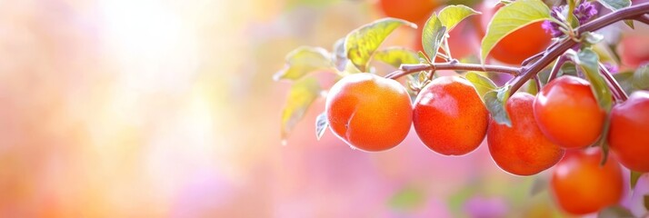 Wall Mural -  A tight shot of tomatoes clustered on a tree, green foliage surrounding, pink blossoms in the backdrop