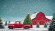 © thanakrit - A charming red truck adorned with a Christmas tree is parked in a snowy farm setting, featuring a red barn and falling snowflakes in a serene winter landscape.