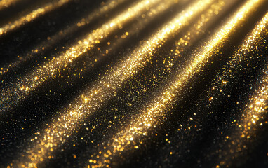 Poster - Grainy background. A stunning close-up of golden glitter particles shimmering on a dark background, creating an enchanting and elegant visual effect.