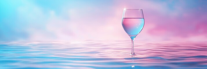 Wall Mural -  A glass floating in a tranquil body of water, surrounded by a pink and blue sunset sky