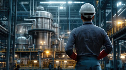 A worker stands with his back to the camera, observing a bustling factory workshop filled with advanced machinery and production processes