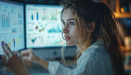 Poster - A corporate financial analyst woman working on her computer, surrounded by financial charts and documents.