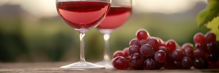 Wall Mural -  A tight shot of two red-wine-filled glasses on a wooden table, accompanied by a cluster of grapes