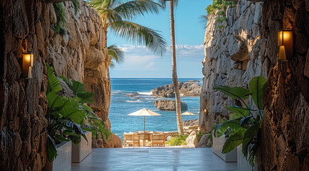 Poster - View between 2 stone walls, access to a hotel lobby with ocean view in the back.