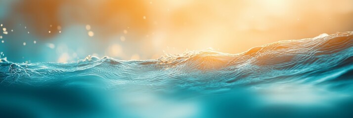  A crisp wave in the ocean with a sun setting behind, and a nearby wave depicted blurrily in the foreground